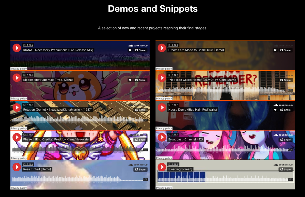 A preview of the snippets section of the music page of Kiana's website.